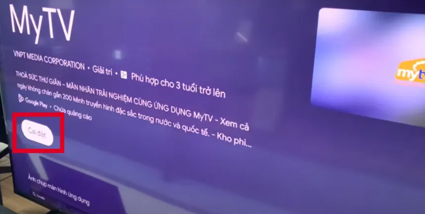 Màn hình hiển thị mục Cài đặt. Khi đó, bạn nhấn vào mục Cài đặt để tiến hành tải ứng dụng MyTV về