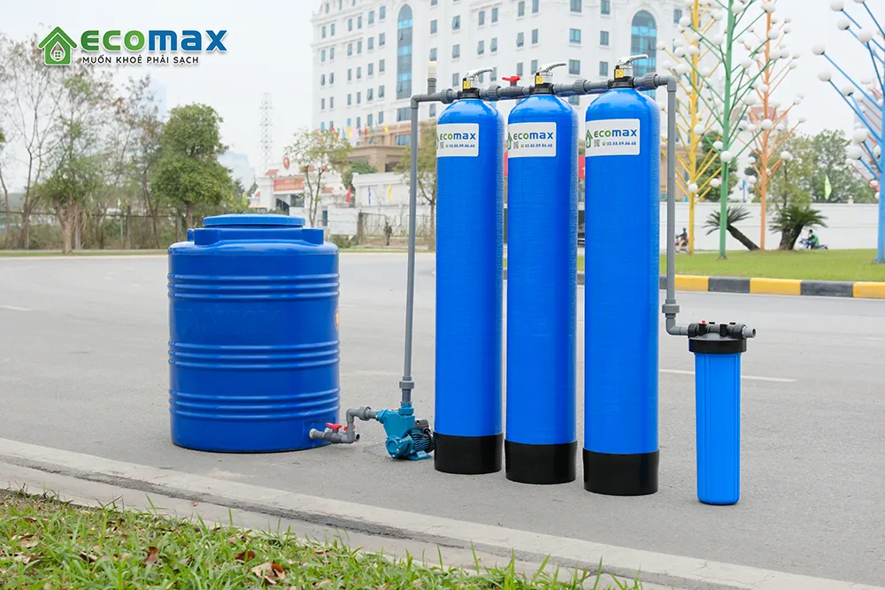 Thiết bị lọc nước giếng khoan gia đình 4 cấp lọc sắt mangan màu vàng mùi tanh ECOMAX
