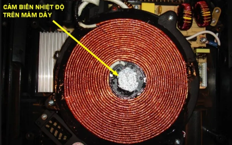 Cảm biến nhiệt bếp từ nằm ở trung tâm mâm nhiệt, đo nhiệt độ mặt kính và IGBT