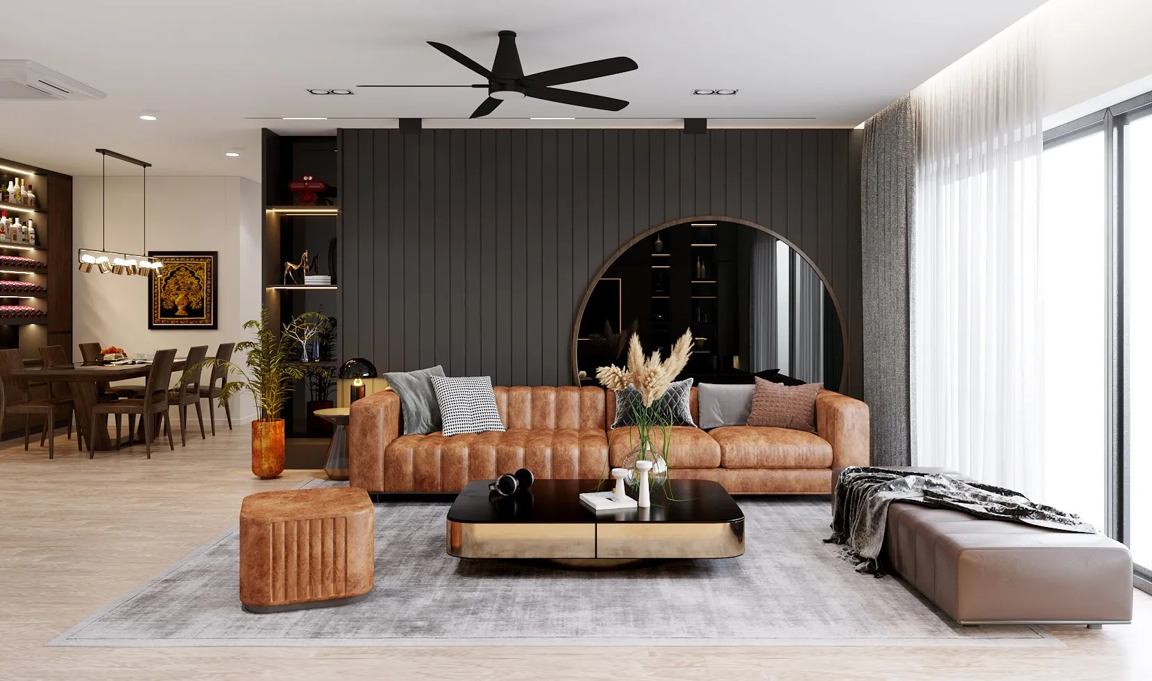 Mẫu tủ kệ tivi gỗ óc chó phối cùng sofa cao cấp giúp phòng khách thêm phần sang trọng