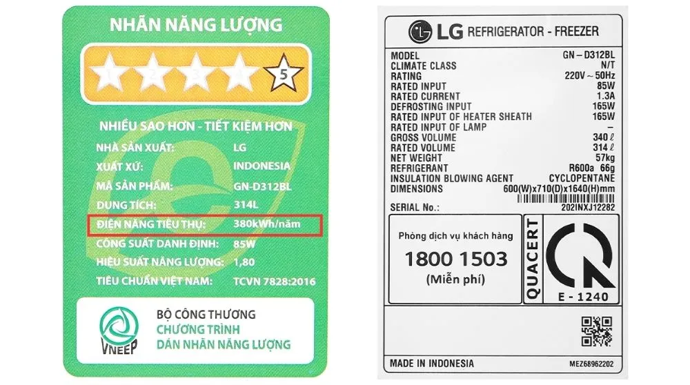 Minh họa cách tính công suất tiêu thụ điện của tủ lạnh LG