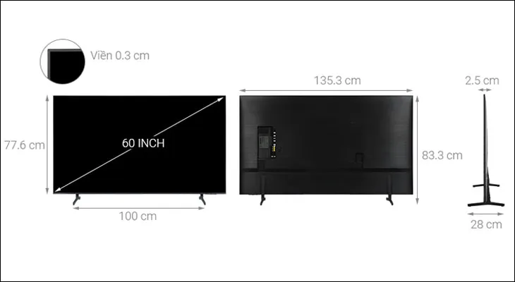 Thông số chi tiết kích thước tivi 60 inch treo tường cho phòng khách