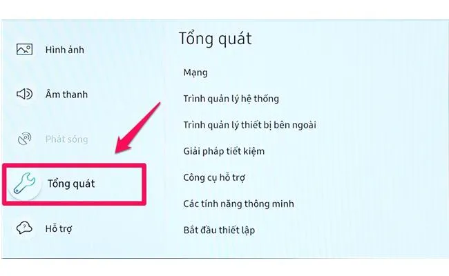 Truy cập menu tổng quát để bắt đầu kết nối internet cho tivi samsung