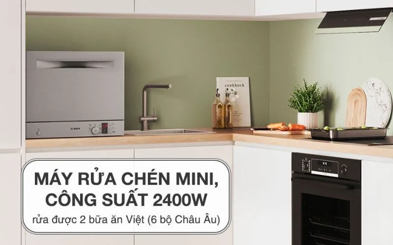 Máy rửa chén mini Bosch SKS62E38EU với thiết kế nhỏ gọn, phù hợp đặt trên bàn bếp