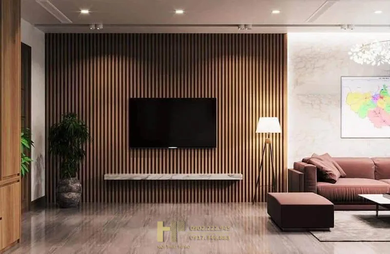 Trang trí mảng tường sau tivi bằng lam gỗ hiện đại