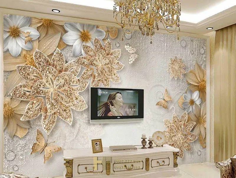 Trang trí mảng tường sau tivi bằng giấy dán tường họa tiết