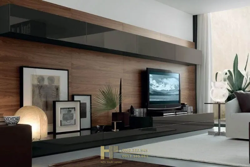 Thiết kế tủ kệ trang trí mảng tường sau tivi thông minh