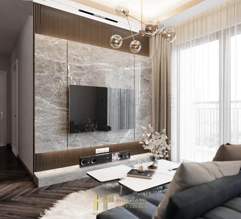 Trang trí mảng tường sau tivi bằng đá tự nhiên cao cấp