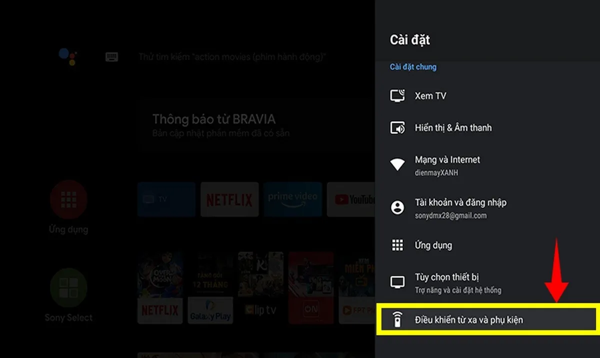 Truy cập Cài đặt Bluetooth để kích hoạt tính năng trên tivi Sony Bravia