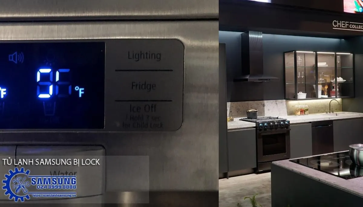 Tủ lạnh Samsung với bảng điều khiển hiển thị biểu tượng khóa