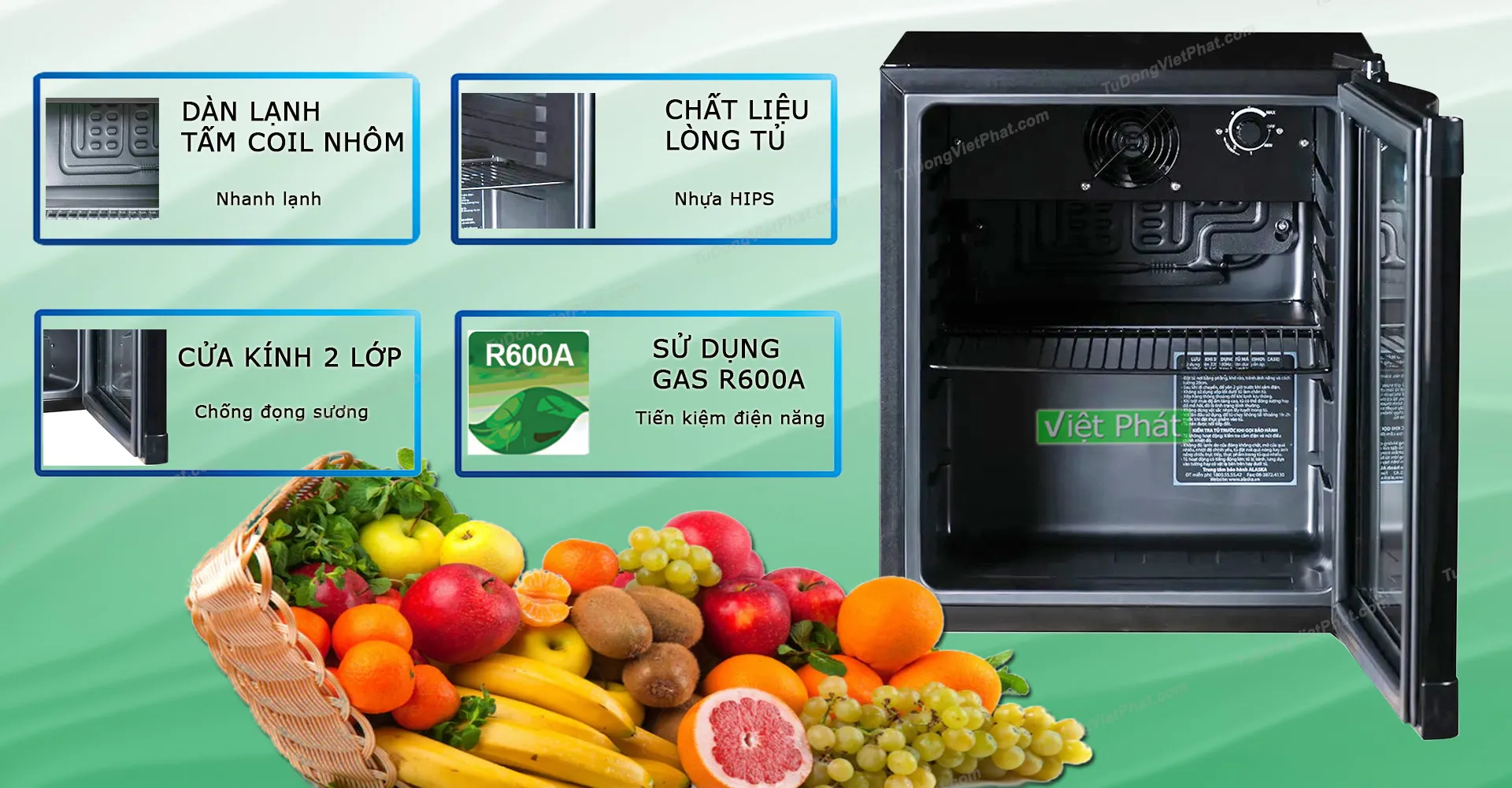 Cận cảnh thiết kế cửa kính và khay chứa thông minh của dòng tủ mini