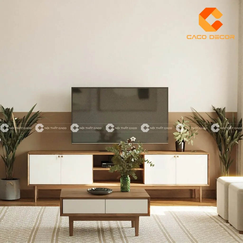 Sự kết hợp hoàn hảo giữa kệ tivi gỗ và tông màu chủ đạo của phòng khách