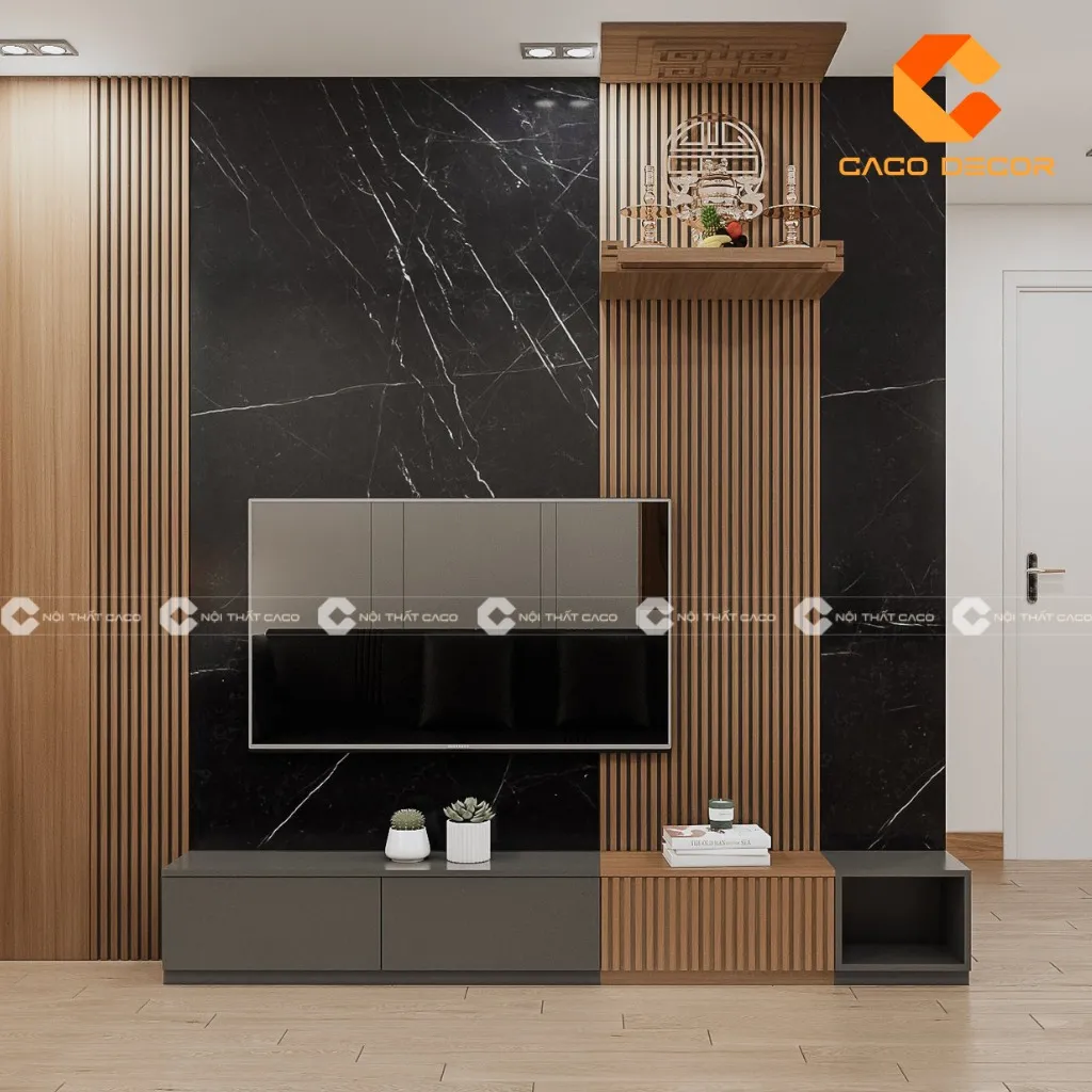 Phối hợp ánh sáng và đồ trang trí giúp kệ tivi gỗ thêm phần nổi bật