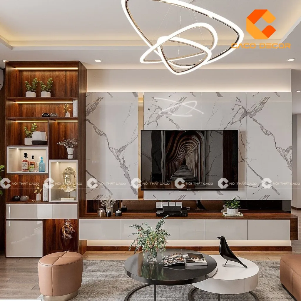 Thiết kế tủ tivi tích hợp ngăn kéo tiện dụng cho phòng khách hiện đại