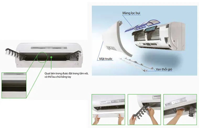 Kỹ thuật viên đang sử dụng vòi xịt áp lực cao để làm sạch bụi bẩn bám trên dàn lạnh điều hòa