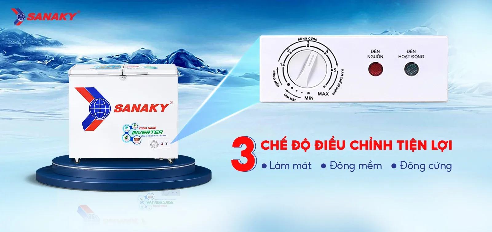 Bảng điều chỉnh 3 chế độ Mát - Đông mềm - Đông cứng tiện lợi