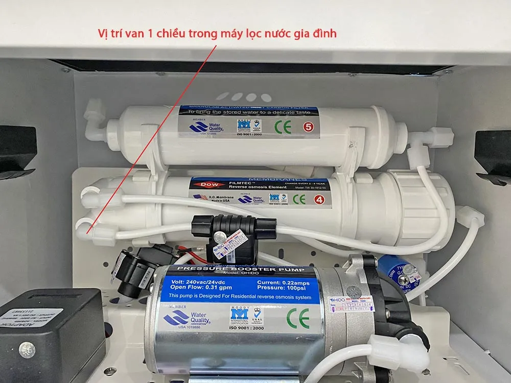 Vị trí lắp van một chiều trên máy lọc nước