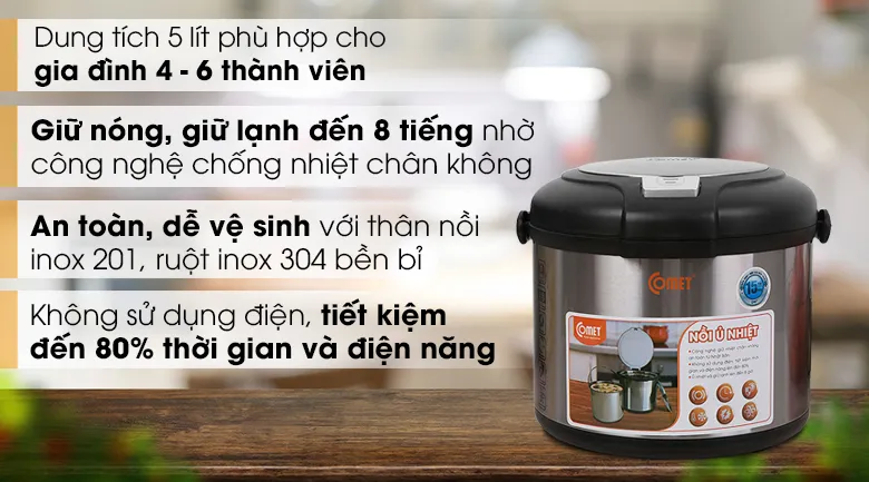 Nồi ủ nhiệt đa năng 5 lít Comet CM7661 đơn giản, dễ dùng, giá rẻ, phù hợp sinh viên, gia đình nhỏ, người thích tiết kiệm