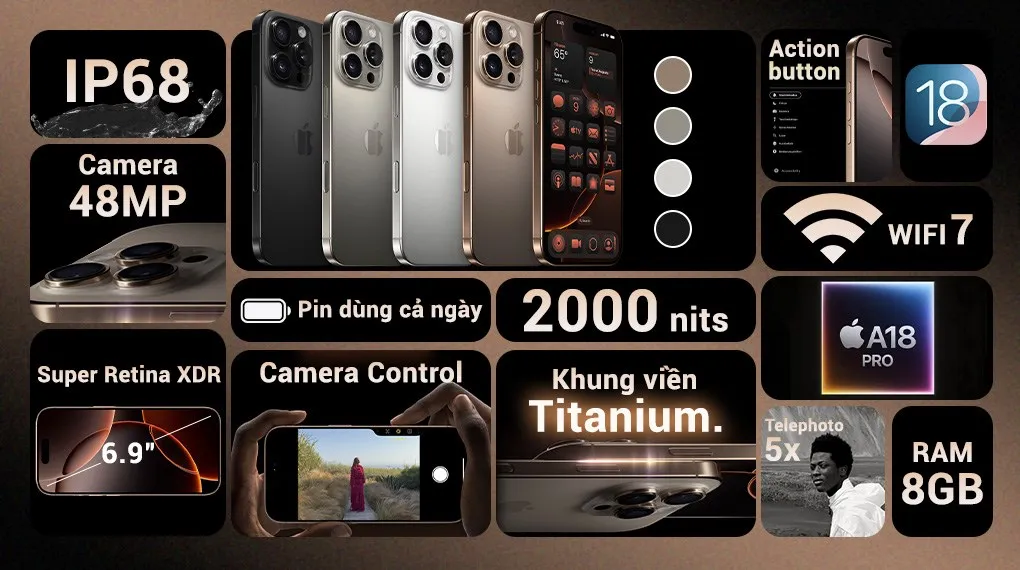Điện thoại iPhone 16 Pro Max 256GB trang bị công nghệ bluetooth v5.3 kết nối xa đến 120m, truyền âm thanh ổn định khắp ngôi nhà