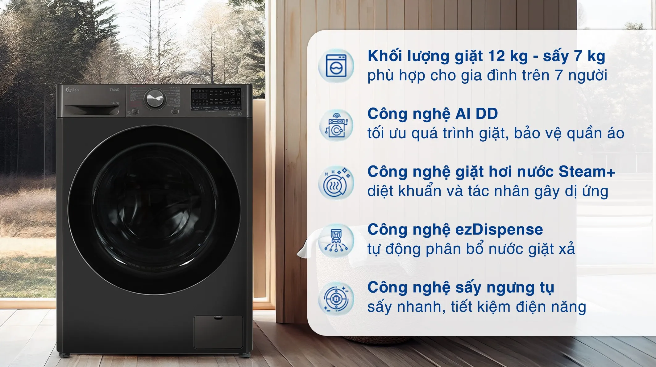 Máy giặt sấy LG Inverter FV1412H3BA với công nghệ giặt hơi nước bảo vệ sức khỏe