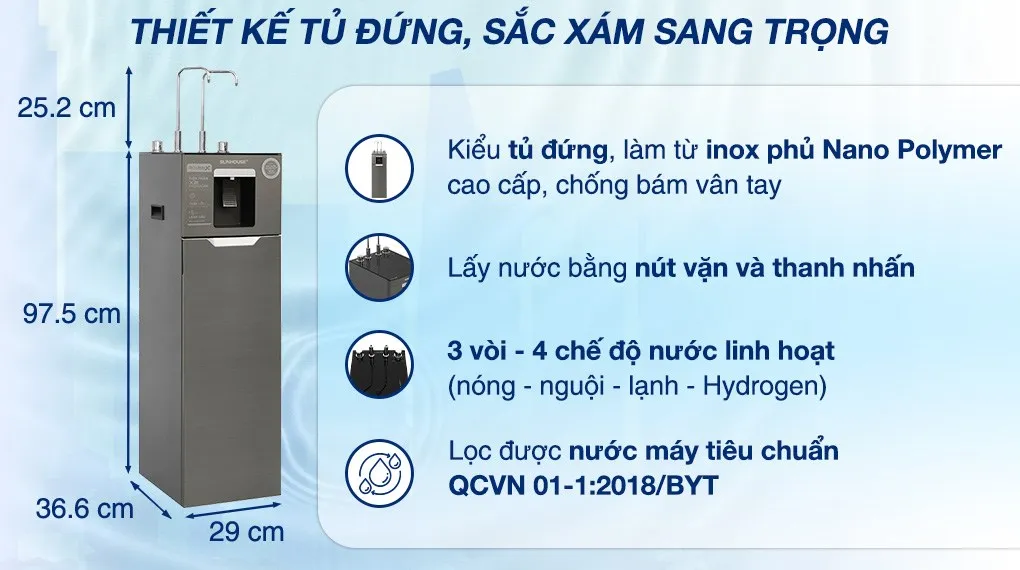 Máy lọc nước RO nóng nguội lạnh Hydrogen Sunhouse UltraX SHA76668SH 11 lõi với thiết kế kiểu tủ đứng cùng tông màu xám hiện đại