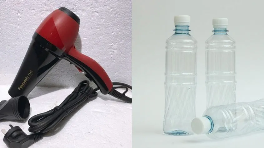 Bộ dụng cụ đầy đủ để thực hiện cách làm máy hút bụi bằng máy sấy tóc tại nhà.