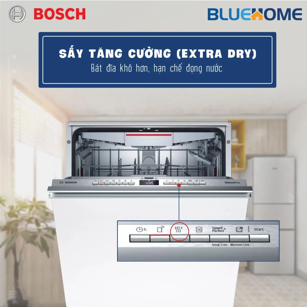 Chức năng sấy tăng cường Extra Dry trên máy rửa bát